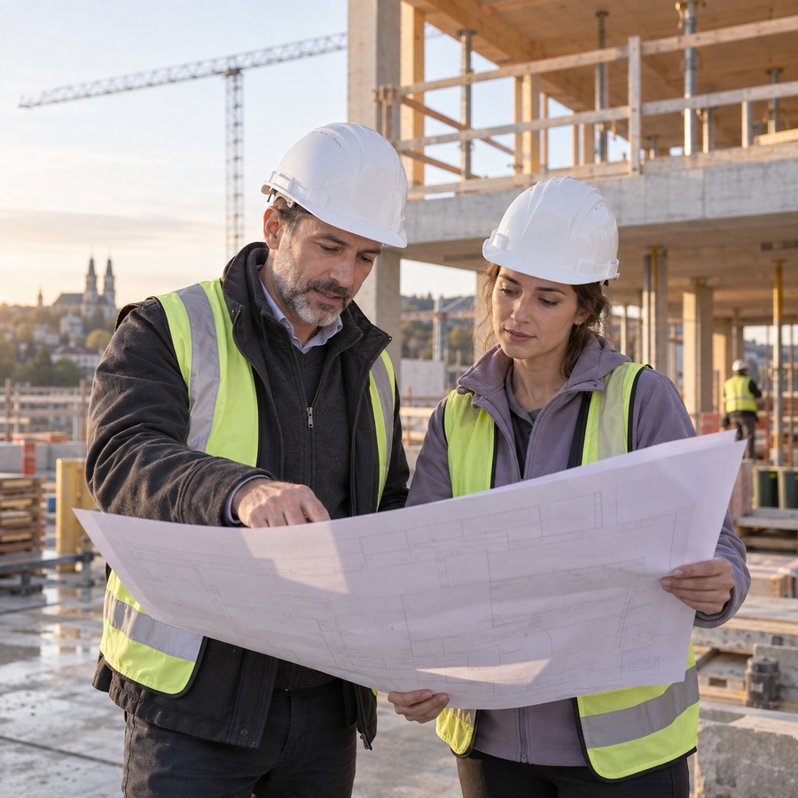 Revue de plans sur chantier, casques
